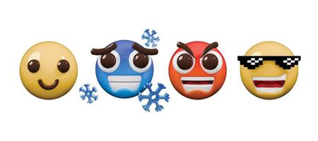 Colorful emoji faces showing various emotions like happiness, anger, confidence, and coldness through unique expressions. vector