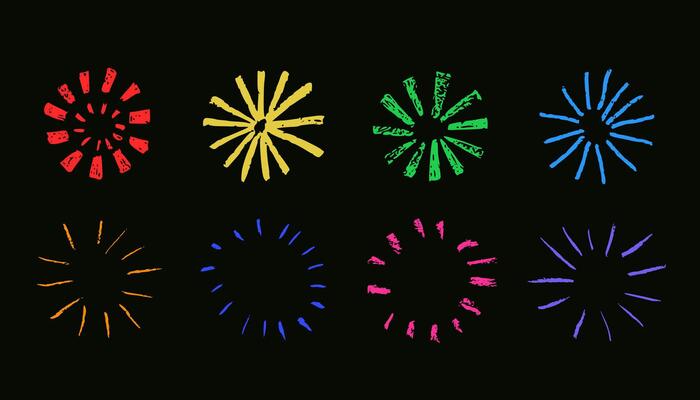 Firework chalk drawing, brush strokes texture, cute illustration isolated on dark background.