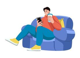 Boy Relax On Sofa with His Phone vector