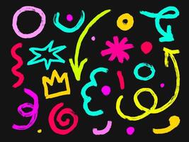 Abstract shapes set on black color background, Crown, arrow, dot and star hand drawn texture doodles. Brush strokes, marker paint vector