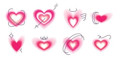 Set of blurred hearts, valentine day design elements. Gradient y2k shapes linear sparkles, arrows, ellipses. Abstract mesh gradient, love symbols for decoration, stickers, soft glowing effect and aura vector