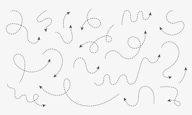 Set of dash arrows. Squiggle line arrows moving up and down. Left and right direction. Infographic elements