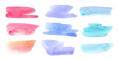 Set of colorful watercolor stains. Hand drawn brush strokes, splashes, artistic creative design elements. Grunge aquarelle texture. Isolated on white background vector