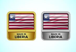 Made in Liberia label icon in gold and silver color. Flag icon set for business vector