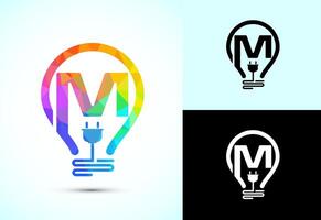Initial alphabet M with an electric bulb and plug. Electricity logo design template low poly style vector