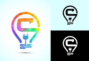 Initial alphabet C with an electric bulb and plug. Electricity logo design template low poly style vector