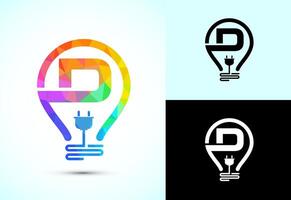 Initial alphabet D with an electric bulb and plug. Electricity logo design template low poly style vector