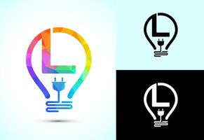 Initial alphabet L with an electric bulb and plug. Electricity logo design template low poly style vector