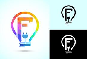 Initial alphabet F with an electric bulb and plug. Electricity logo design template low poly style vector