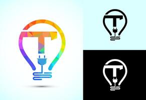 Initial alphabet T with an electric bulb and plug. Electricity logo design template low poly style vector