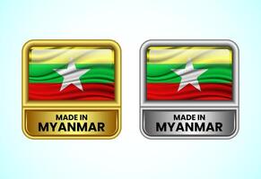 Made in Myanmar label icon in gold and silver color. Flag icon set for business vector