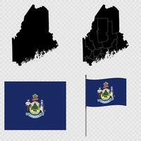 Set of map and map with province, flag and flagpole of Maine state. illustration. vector