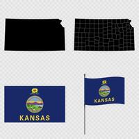 Set of map and map with province, flag and flagpole of Kansas state. illustration. vector