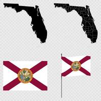 Set of map and map with province, flag and flagpole of Florida state. illustration. vector