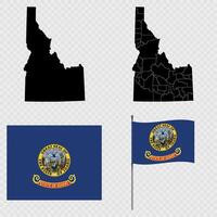 Set of map and map with province, flag and flagpole of Idaho state. illustration. vector