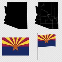 Set of map and map with province, flag and flagpole of Arizona state. illustration. vector