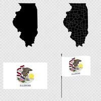 Set of map and map with province, flag and flagpole of Illinois state. illustration. vector