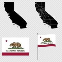 Set of map and map with province, flag and flagpole of California state. illustration. vector