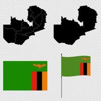 Set of maps, flag and flagpole of Zambia. illustration. vector