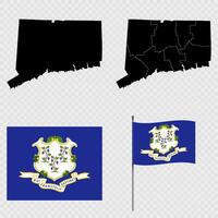 Set of map and map with province, flag and flagpole of Connecticut state. illustration. vector