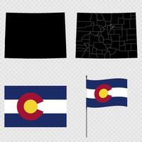 Set of map and map with province, flag and flagpole of Colorado state. illustration. vector