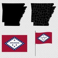 Set of map and map with province, flag and flagpole of Arkansas state. illustration. vector