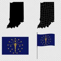 Set of map and map with province, flag and flagpole of Indiana state. illustration. vector
