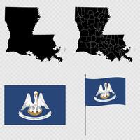 Set of map and map with province, flag and flagpole of Louisiana state. illustration. vector