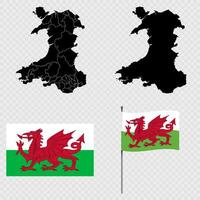 Set of maps, flag and flagpole of Wales. illustration. vector