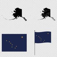 Set of map and map with province, flag and flagpole of Alaska state. illustration. vector