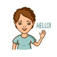 Young Woman Doing Greet Pose and Say Hi and Hello while Smiling, Portrait of Friendly Pretty Girl with Greeting Gesture vector