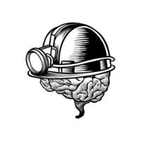 Black and white illustration of a brain wearing a project helmet vector