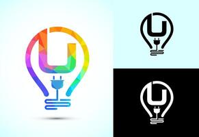 Initial alphabet U with an electric bulb and plug. Electricity logo design template low poly style vector