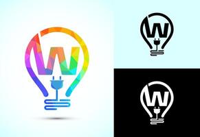 Initial alphabet W with an electric bulb and plug. Electricity logo design template low poly style vector