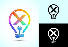 Initial alphabet X with an electric bulb and plug. Electricity logo design template low poly style vector