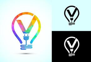 Initial alphabet V with an electric bulb and plug. Electricity logo design template low poly style vector