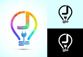 Initial alphabet J with an electric bulb and plug. Electricity logo design template low poly style vector