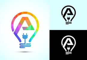 Initial alphabet A with an electric bulb and plug. Electricity logo design template low poly style vector