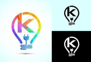 Initial alphabet K with an electric bulb and plug. Electricity logo design template low poly style vector