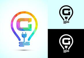 Initial alphabet G with an electric bulb and plug. Electricity logo design template low poly style vector