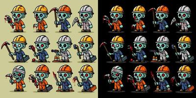 2 Set of zombie construction worker. Horror and spooky element. Halloween element design. Isolated on background. Eps 10. vector