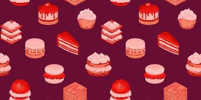 Playful seamless pattern featuring various delicious desserts like cakes, macarons, and pastries on burgundy background. Design for wrapping paper, bakery packaging, fabric designs, and cafe decor. vector