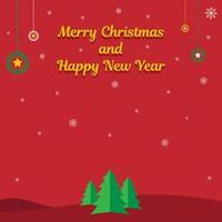Modern Merry Christmas and Happy New Year social media flat design with tree on a red background vector