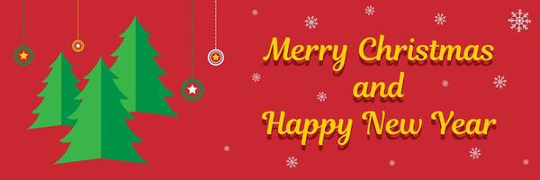 Creative Merry Christmas and Happy New Year banner design with tree on a red background vector