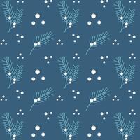 Blue winter pattern with pine spruce branches and white berries, night snowy sky. vector