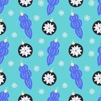 Bright festive New Year's Christmas pattern with Christmas tree decorations and toys. vector