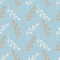 Winter cold blue pattern with twigs, white and gold branch on blue background. vector