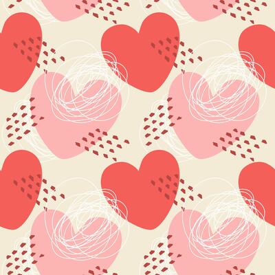 Pink red hearts romantic pattern with doodle, on soft background. For wedding decoration. I love you, symbol. Happy Valentines Day.
