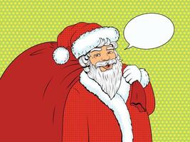 Santa Claus character with red bag and text bubble pop art retro style illustration vector