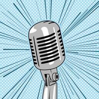 Retro style old microphone pop art vintage illustration. Halftone pattern background vector